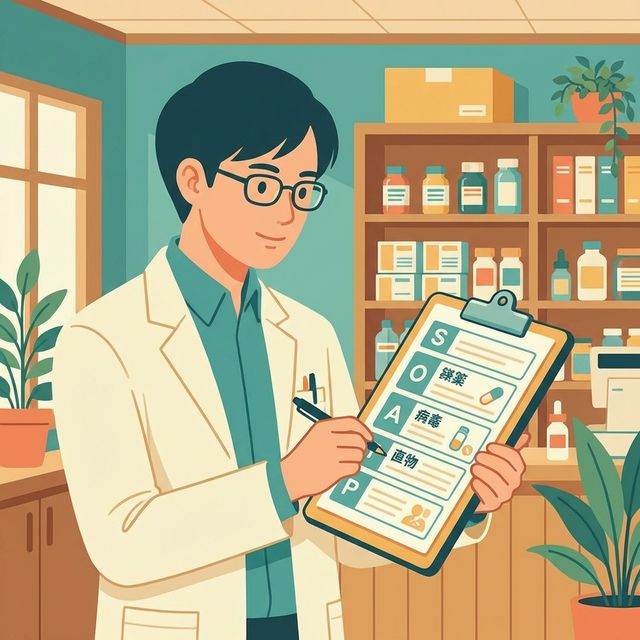 SOAP記録テンプレートを記入する薬剤師