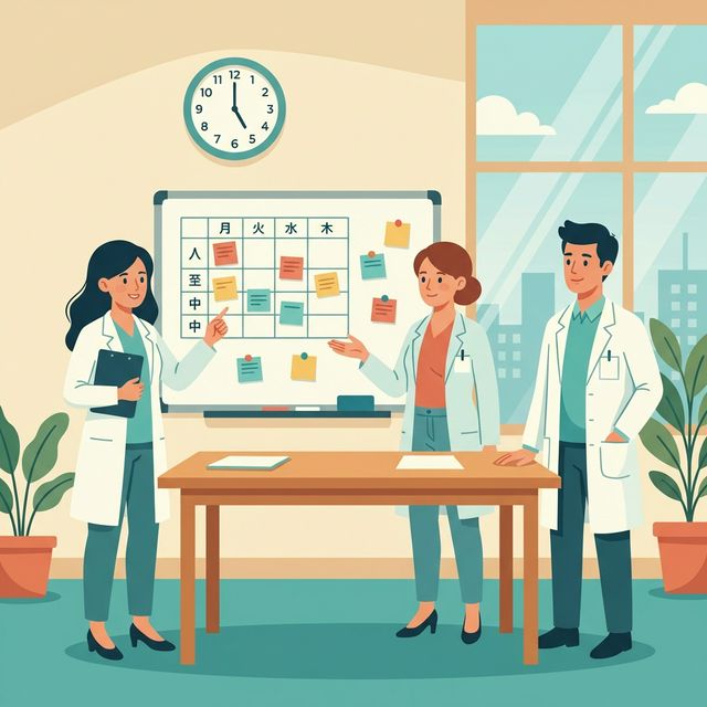 薬局チームでシフトを確認する場面