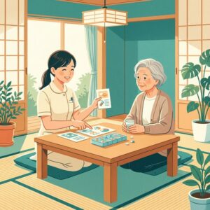 自宅で高齢者に服薬指導をする薬剤師