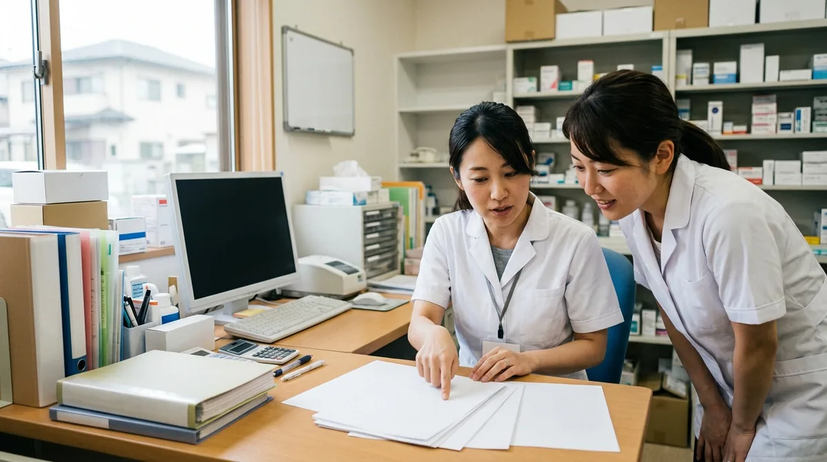 書類の要件を確認する薬局スタッフ