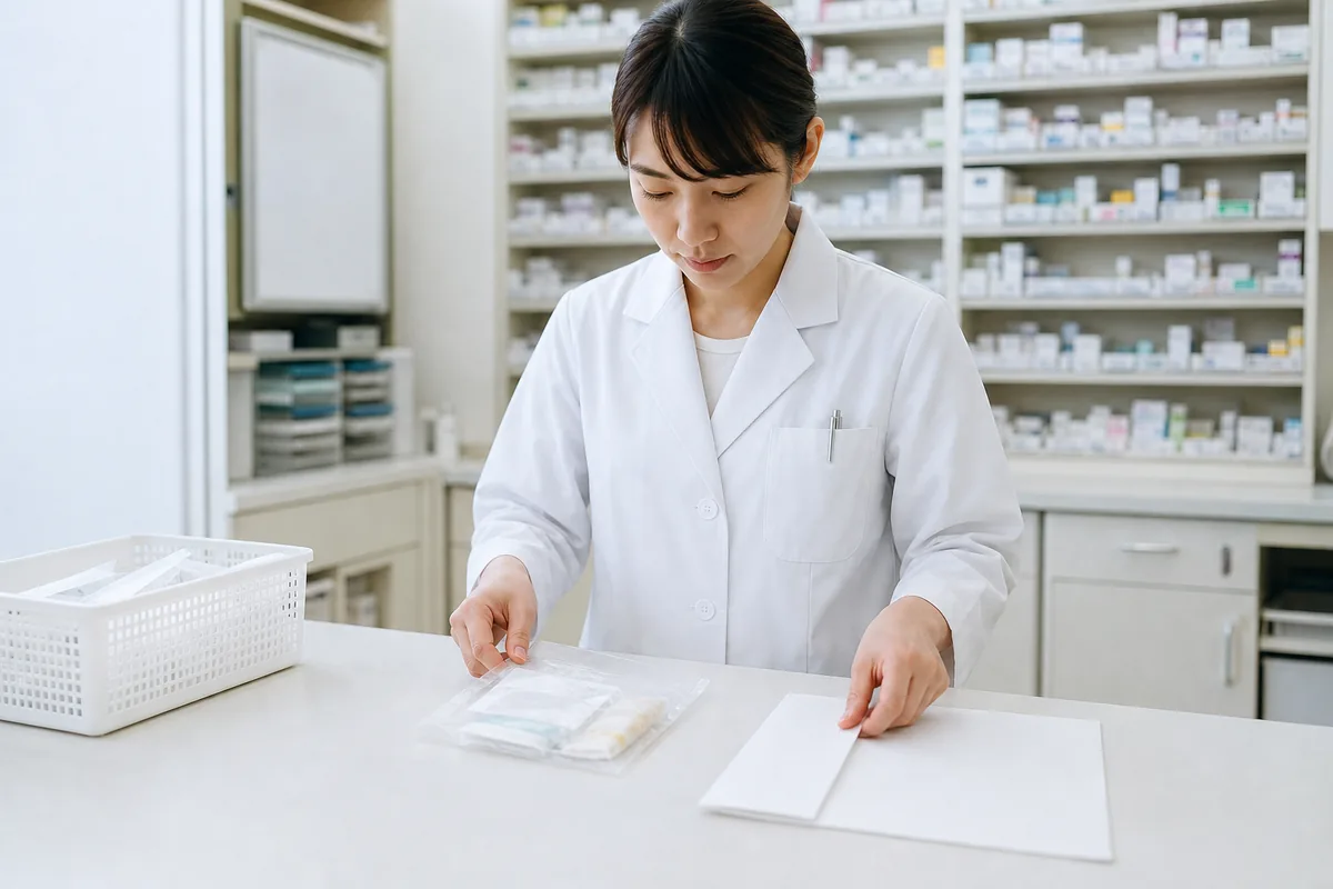 短期入所へ渡す薬を準備する薬剤師