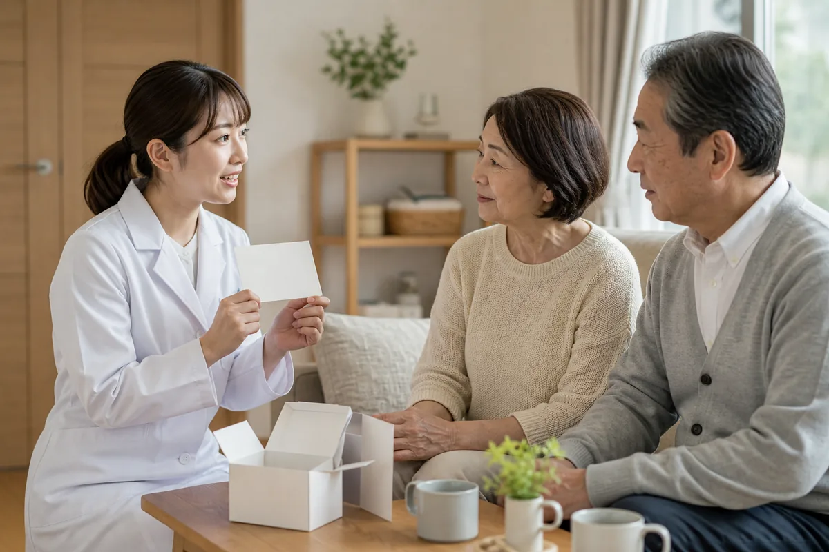 患者と家族に手続きを説明する薬剤師