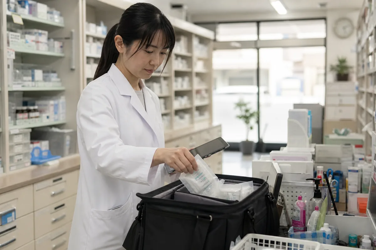 朝の薬局で訪問の準備をする薬剤師