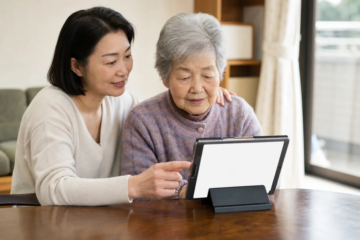 自宅でタブレットを前にオンライン服薬指導を受ける高齢の患者と家族
