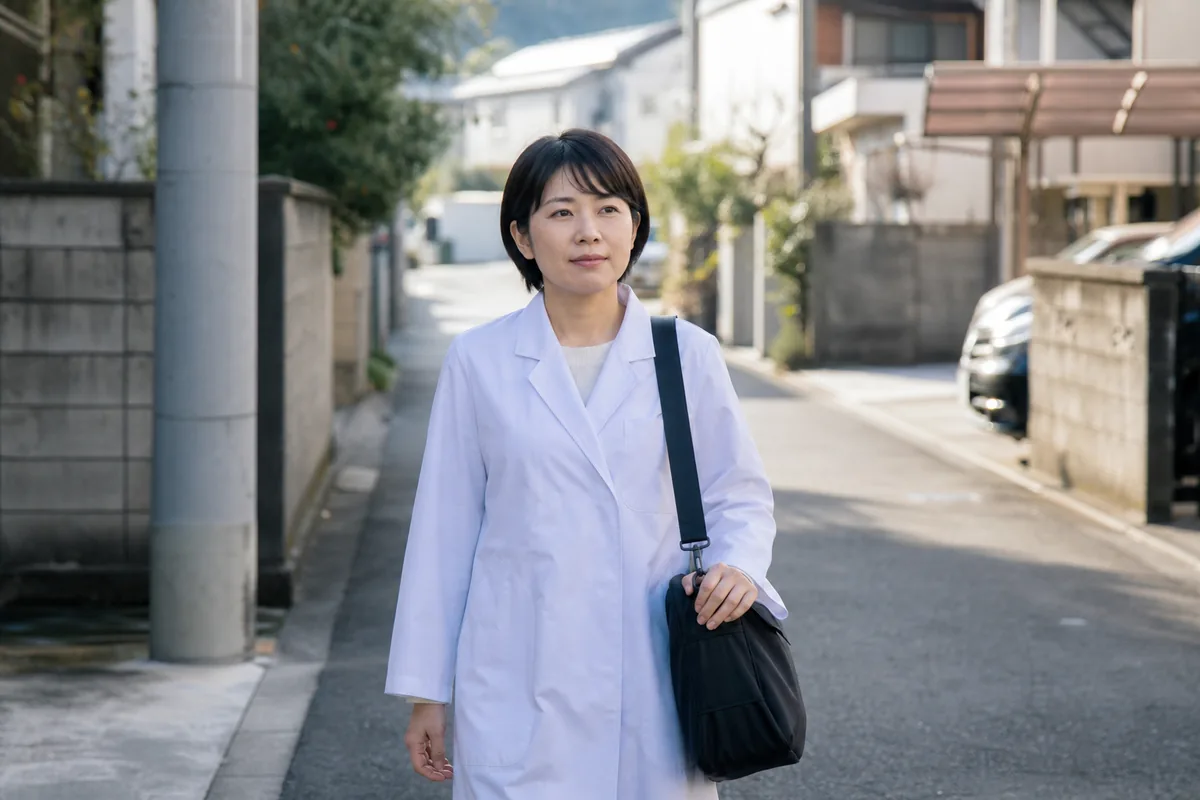 住宅街を訪問に向かう薬剤師