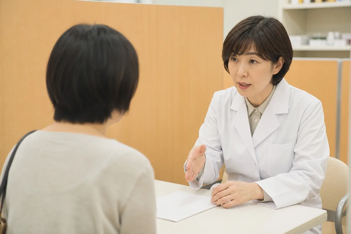 薬局の相談カウンターで応対する薬剤師