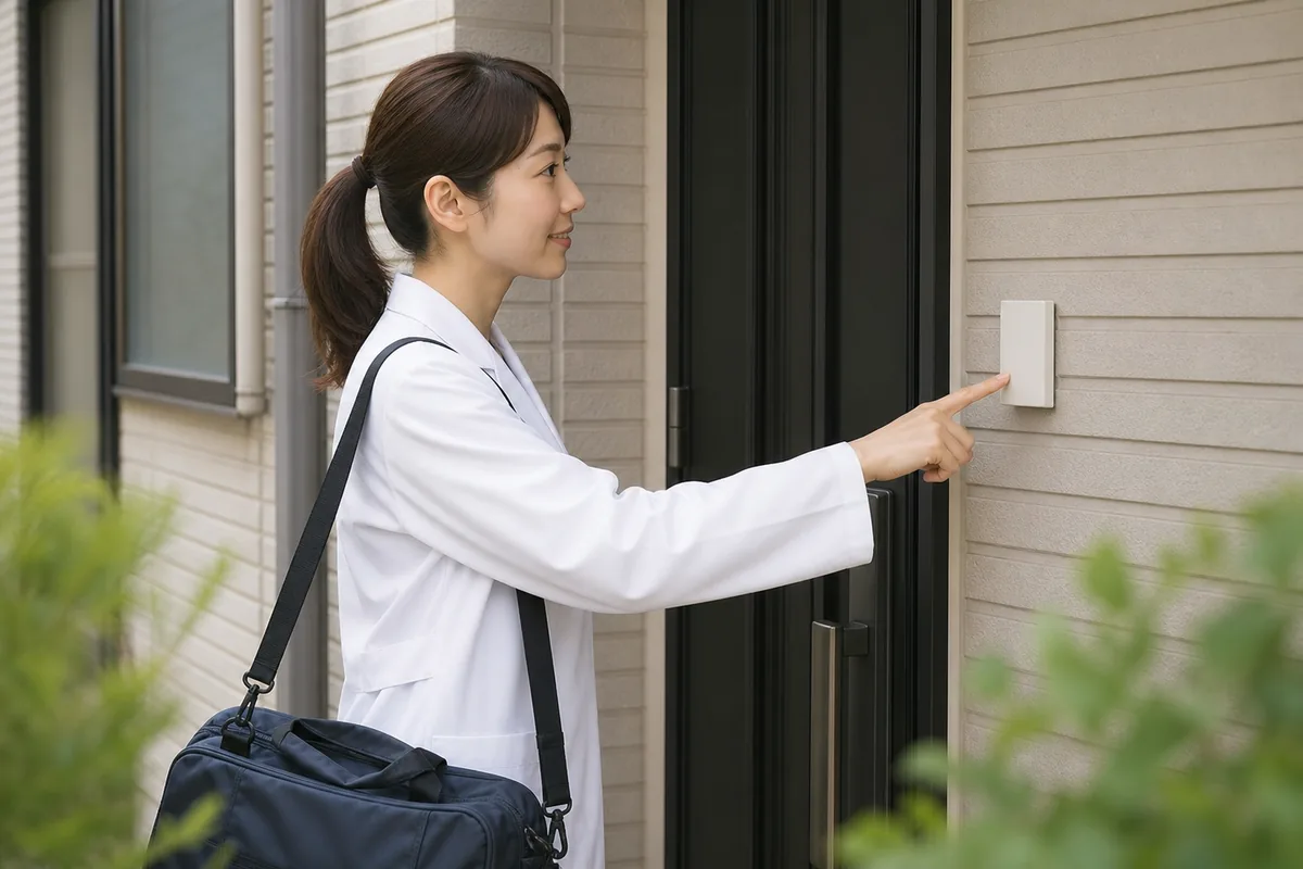 訪問先の玄関に立つ在宅担当の薬剤師