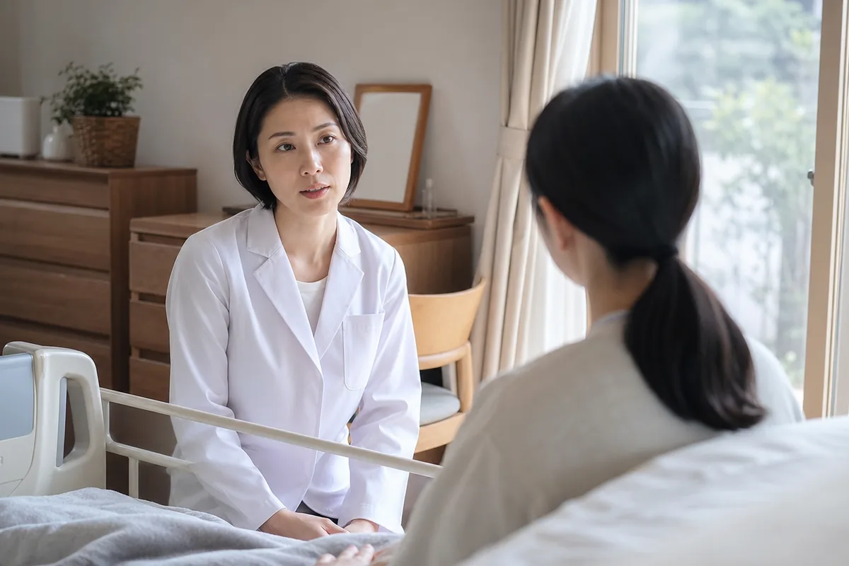 看取り期の患者宅で家族に説明する薬剤師