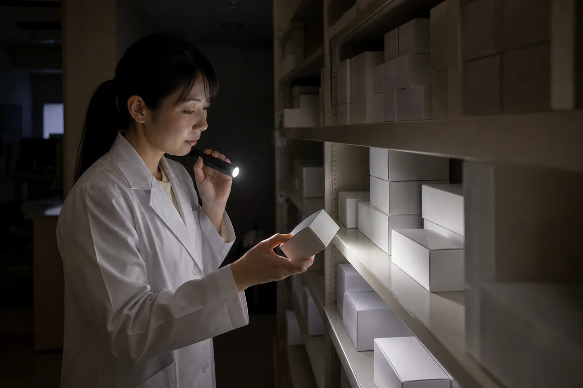 停電時に薬局の在庫を確認する薬剤師