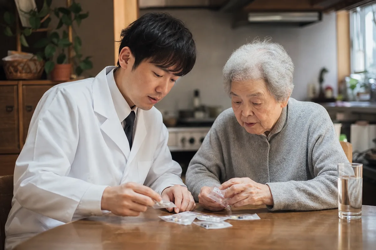患者と一緒に残薬を確認する薬剤師