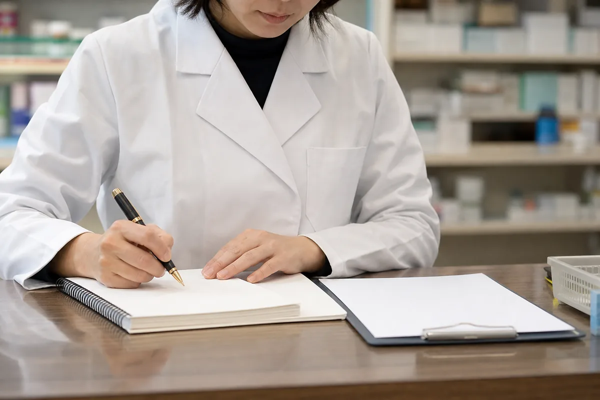 薬歴を記載する薬剤師の手元