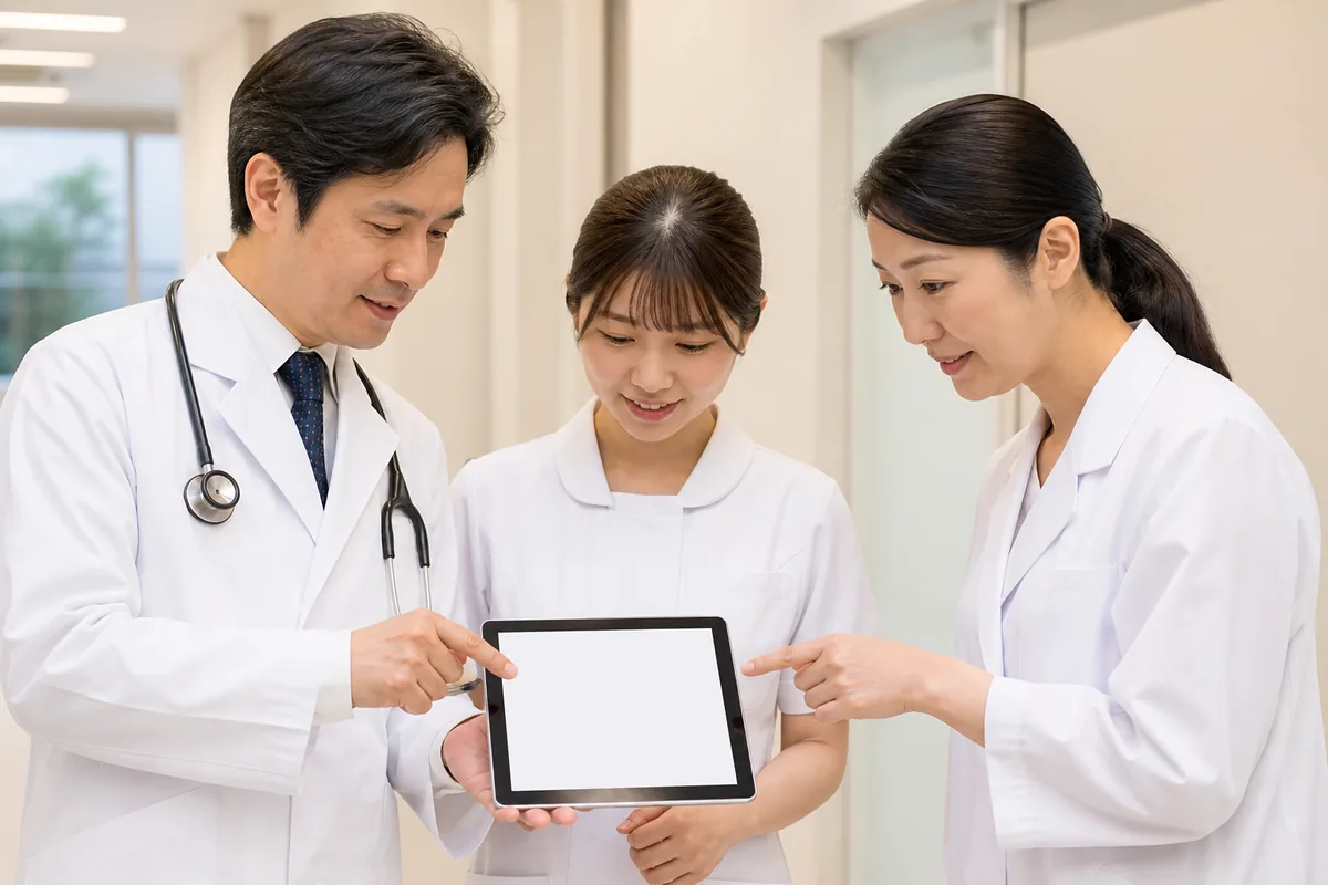 タブレットを囲んで情報共有する多職種チーム