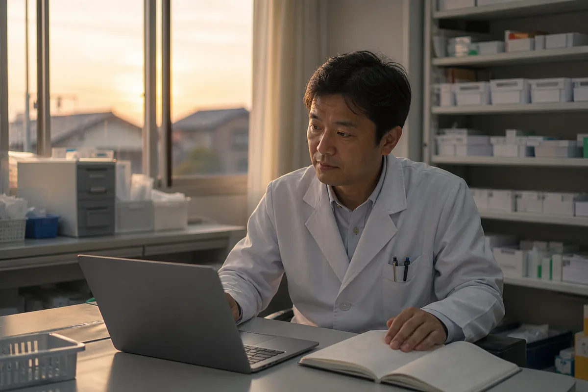 薬局の事務室で収支を確認する管理薬剤師