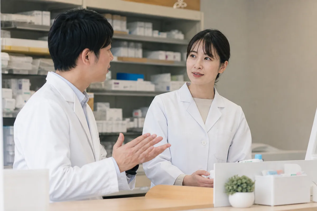 薬局カウンターで打ち合わせるスタッフ