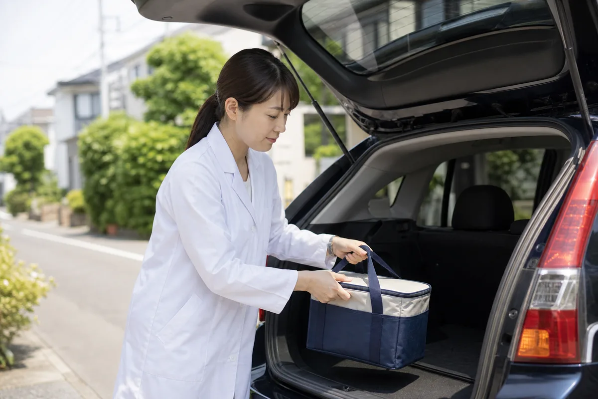 保冷バッグで薬を運ぶ薬剤師