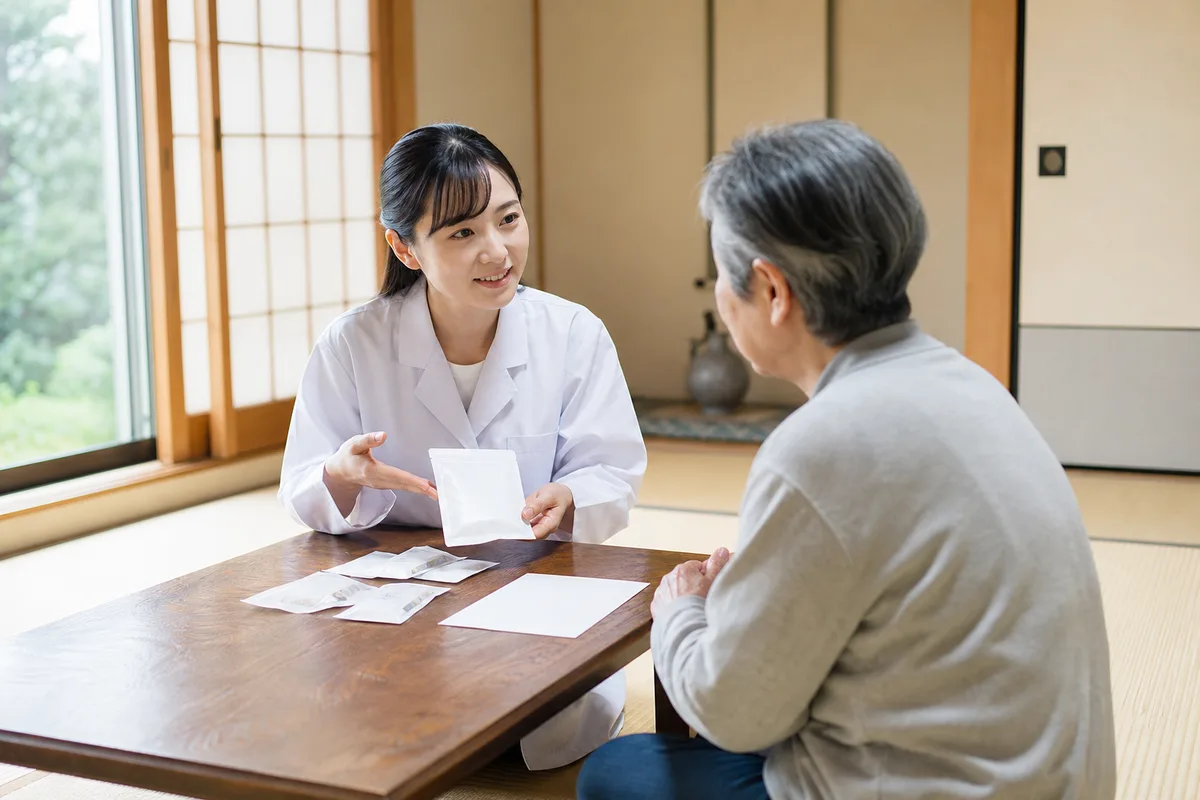 患家での服薬指導。医師の指示・計画・訪問・報告の流れは医療保険・介護保険で共通