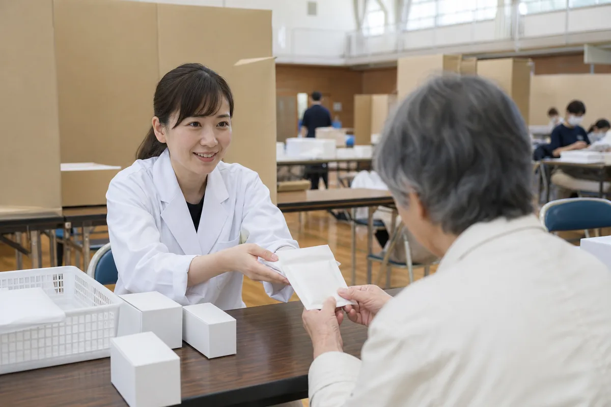 避難所で薬を手渡す薬剤師