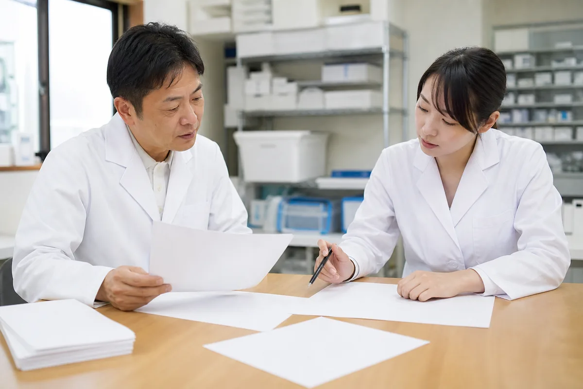 薬局の収支について話し合う経営者と薬剤師