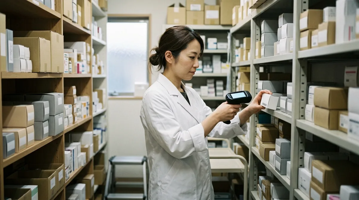 在庫棚を点検する薬剤師