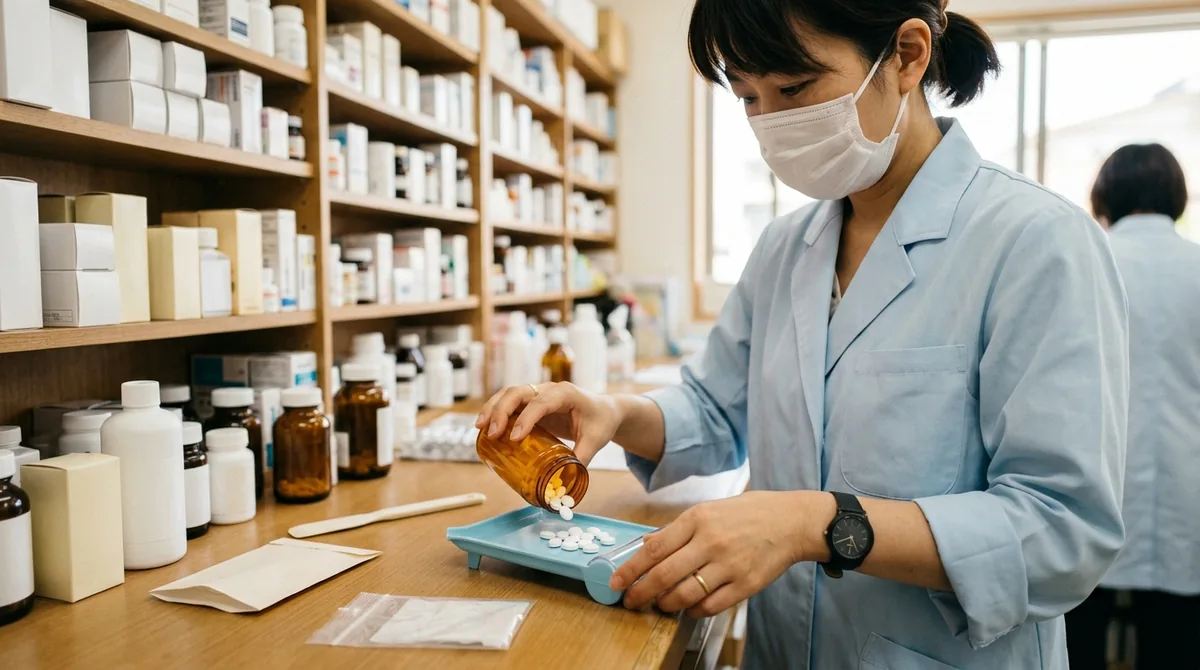 調剤室で調剤する薬剤師の手元