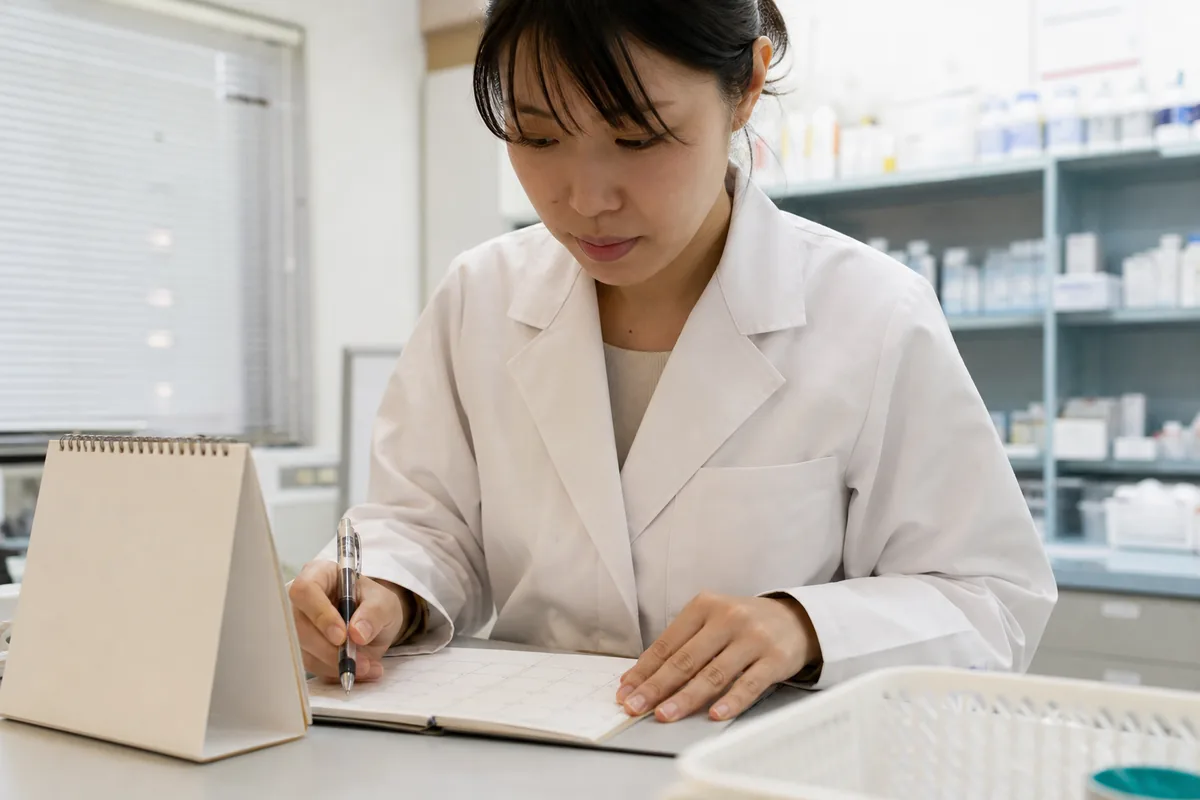 訪問日程を確認する薬剤師の手元とカレンダー