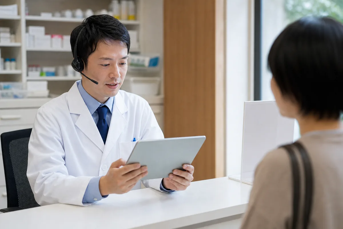 タブレットでオンライン服薬指導を行う薬剤師