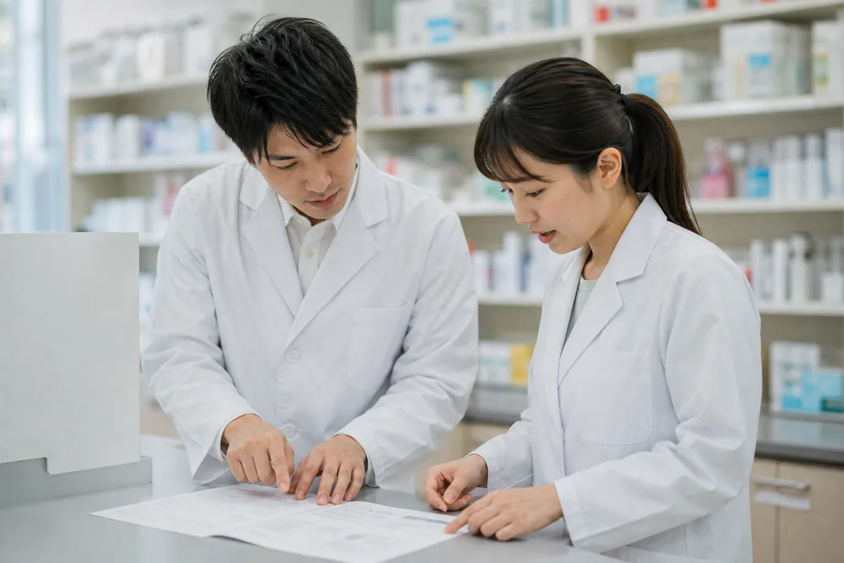改定資料を確認する2人の薬剤師
