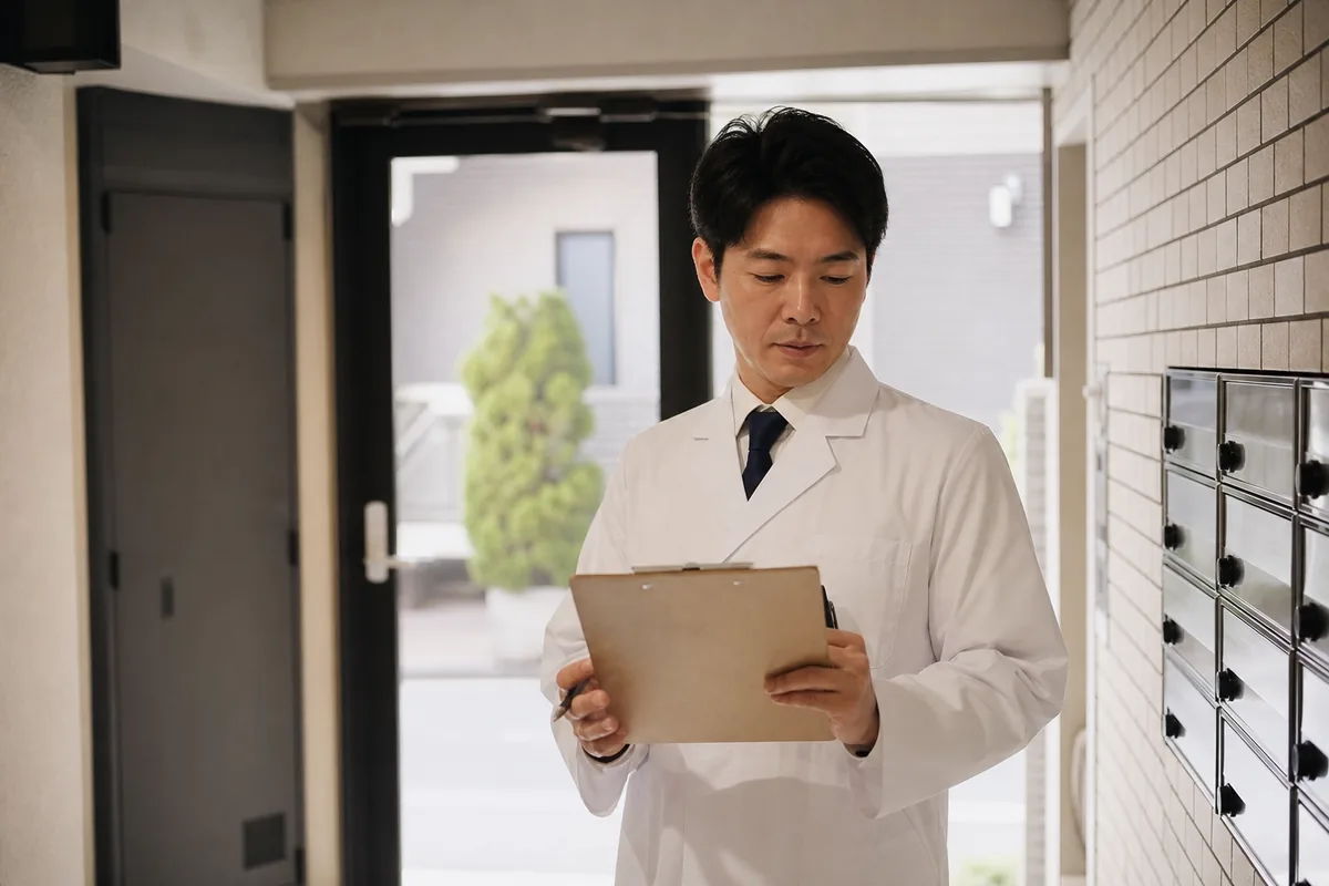 集合住宅のエントランスで確認する薬剤師