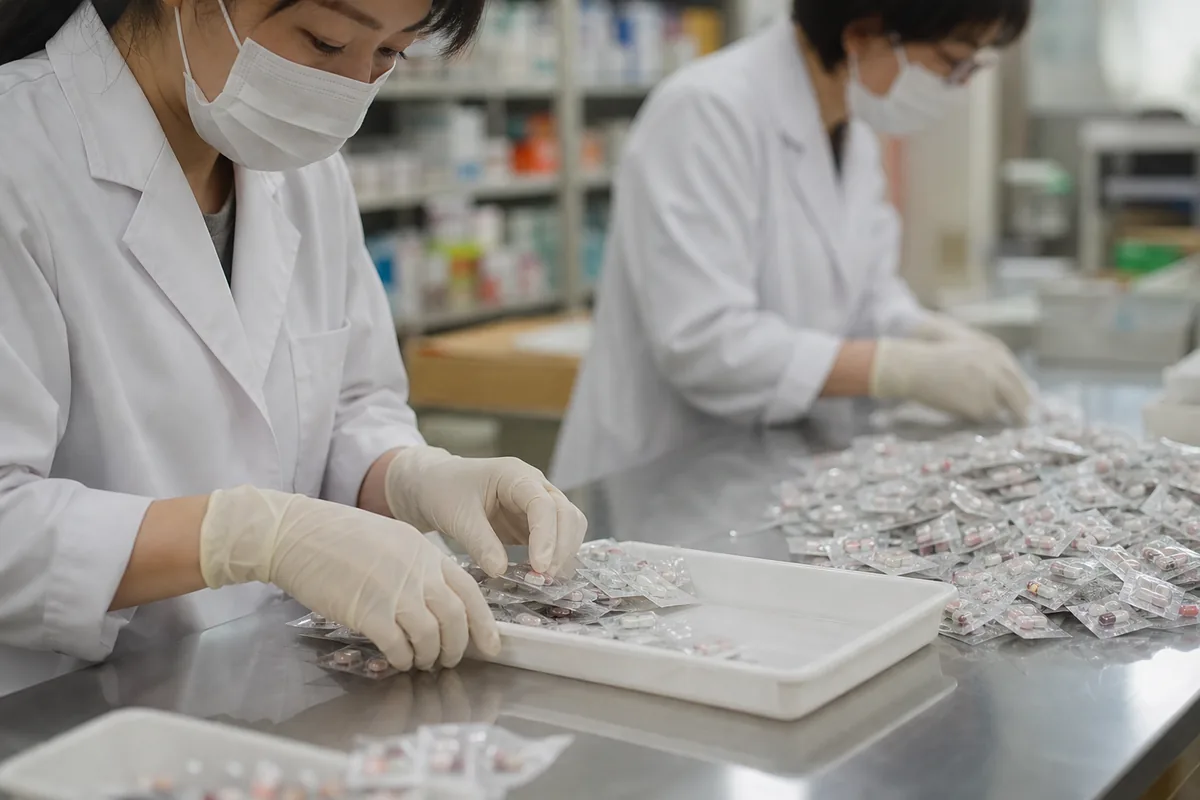 一包化された薬包を仕分ける手元