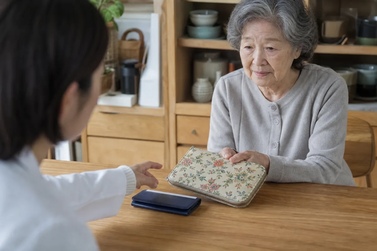患者宅の食卓に置かれた薬袋と保険証入れ