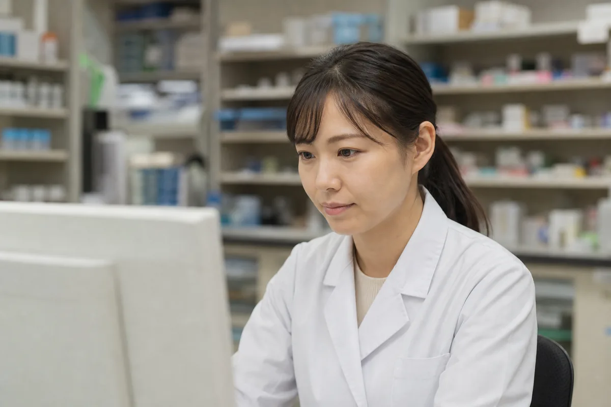 レセプト端末に向かう薬局事務
