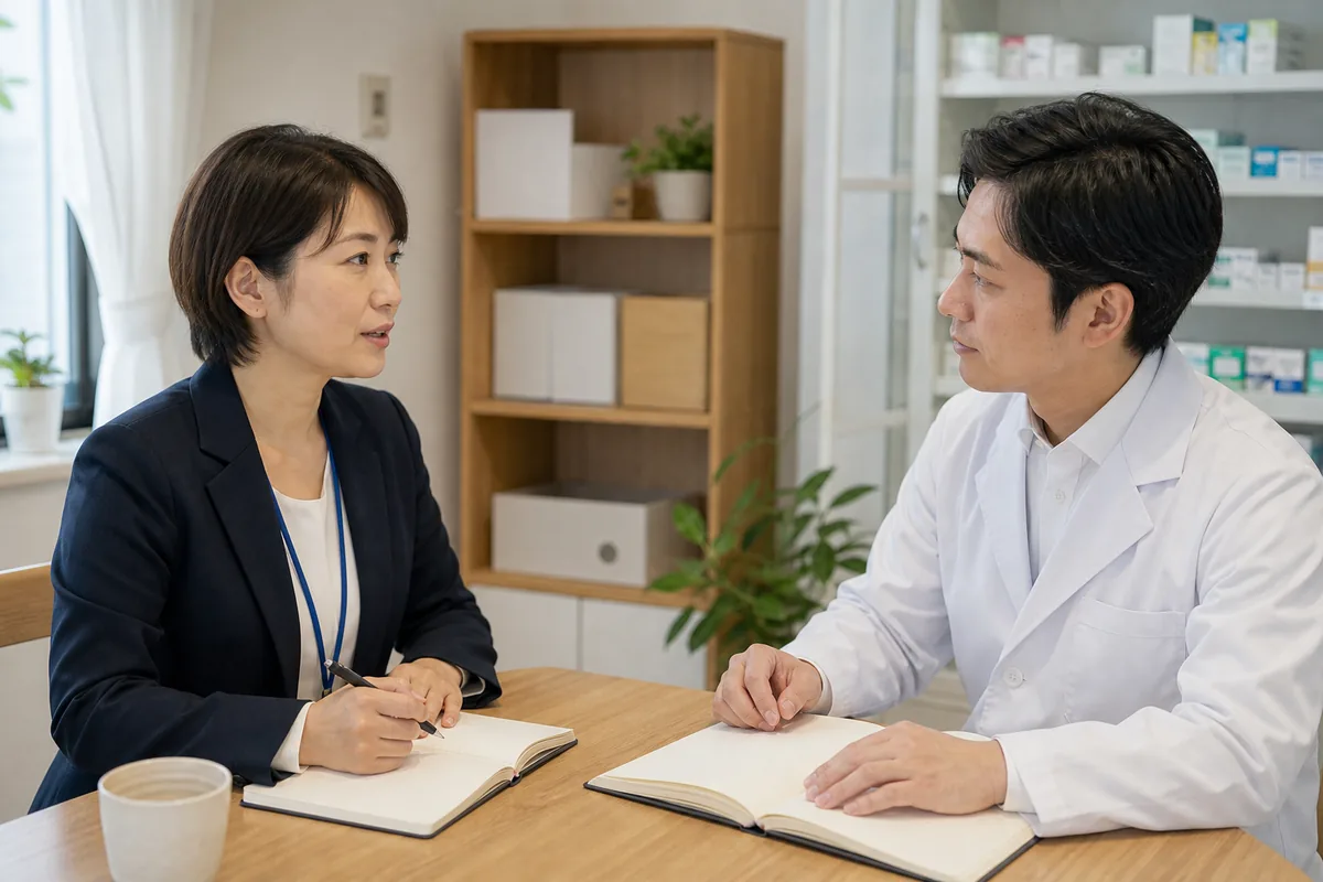 ケアマネジャーと打ち合わせる薬剤師