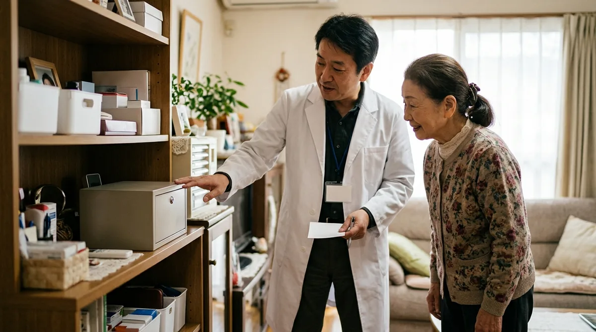 患者宅で家族に保管方法を説明する薬剤師