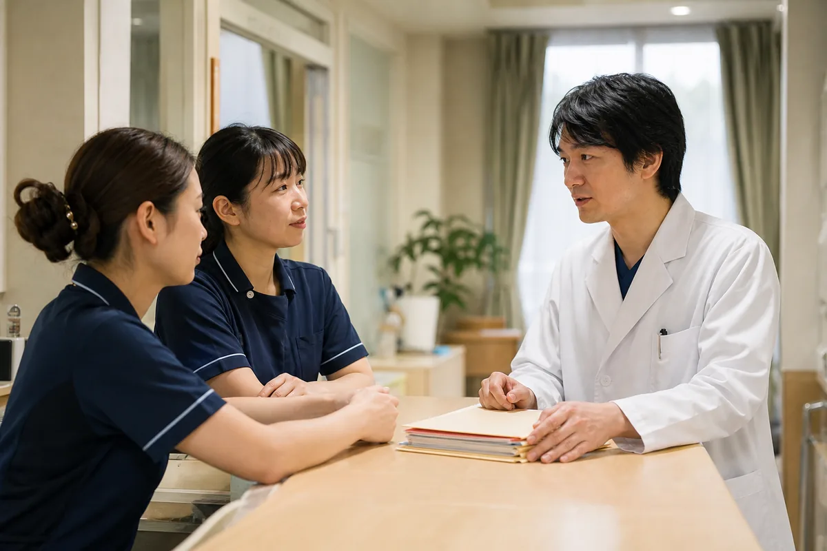 施設のスタッフステーションで打ち合わせる薬剤師